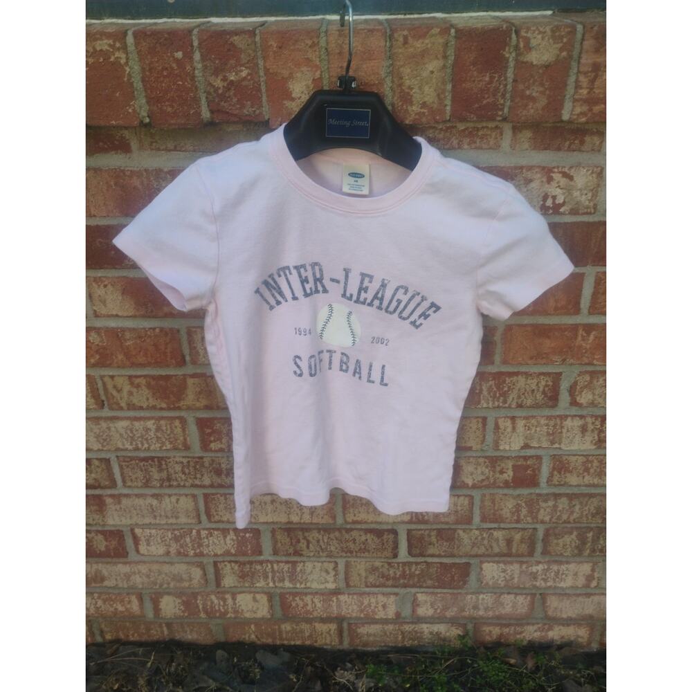 Vintage Old Navy Inter-League Softball Graphic Baby Tee Pink XS 90s 00s Y2K Vtg